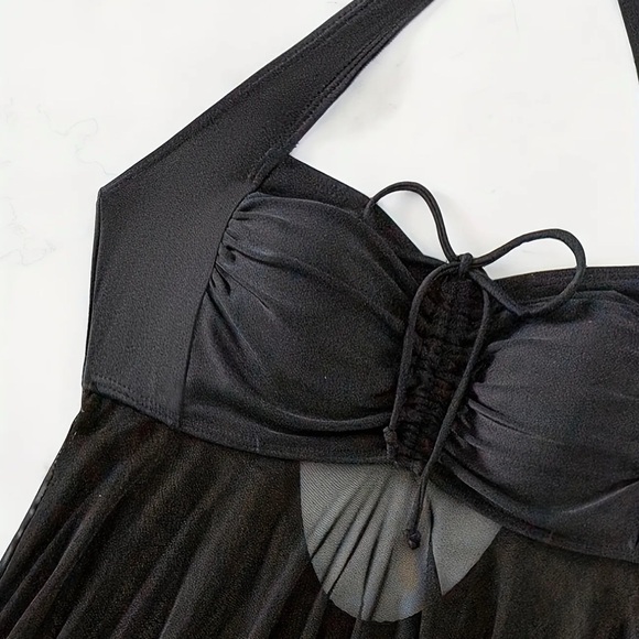 So High XL 2 Piece Set Tankini Swimsuit Mesh Halter Neck Tie Black Boy Shorts - Picture 5 of 7